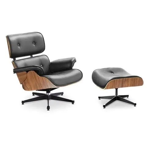 Fauteuil de salon et repose-pieds ottoman en cuir noir palissandre noyer ou placage OakwwwWOD (noyer)