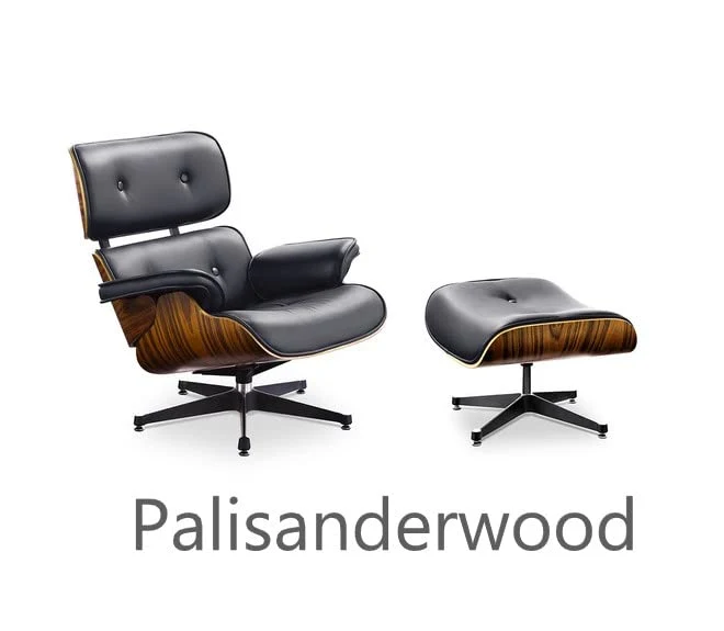 Fauteuil de salon et repose-pieds ottoman en cuir noir palissandre noyer ou placage OakwwwWOD (noyer)