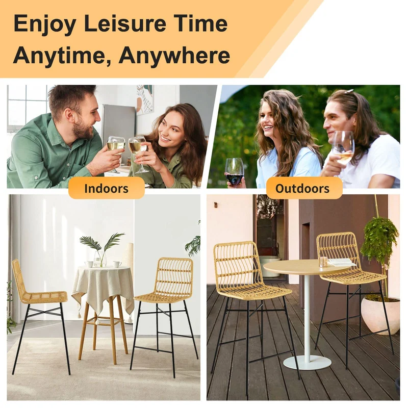 GOPLUS Lot de 2 Tabourets de Bar en Rotin PE, Chaises de Bar avec Cadre en Métal & Repose-Pieds, Chaise Haute Cuisine, Salle à Manger, Bistrot, Style Moderne, Hauteur d’Assise 69 CM