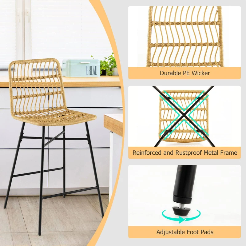GOPLUS Lot de 2 Tabourets de Bar en Rotin PE, Chaises de Bar avec Cadre en Métal & Repose-Pieds, Chaise Haute Cuisine, Salle à Manger, Bistrot, Style Moderne, Hauteur d’Assise 69 CM