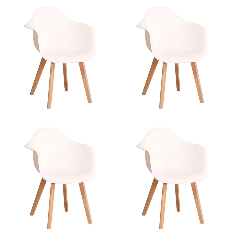 GrandCA HOME Lot de 4 Chaises de Salle à Manger Fauteuils avec Pieds en Bois, Siège en Polypropylène Premuim, Chaises de Cuisine avec Accoudoir pour Salon, Salon Bureau (4, Blanc)