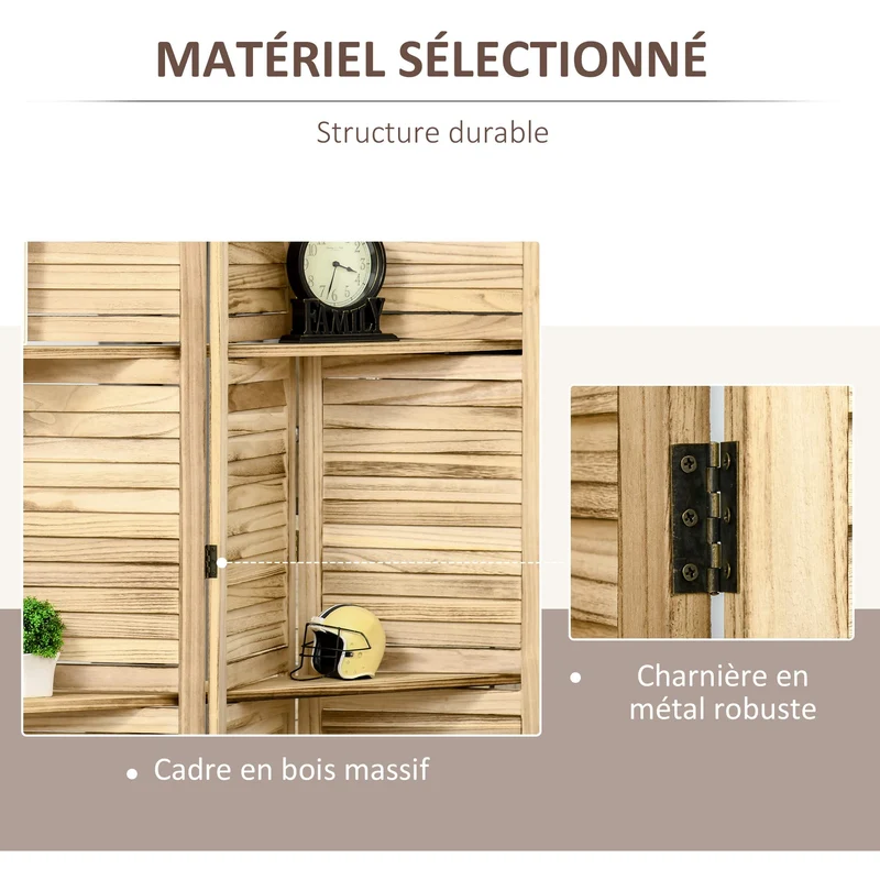 HOMCOM Paravent intérieur 4 Panneaux 162l x 170H cm 3 étagères Pliables séparateur de pièce Portes persiennes Bois de Paulownia Aspect pin Autoclave