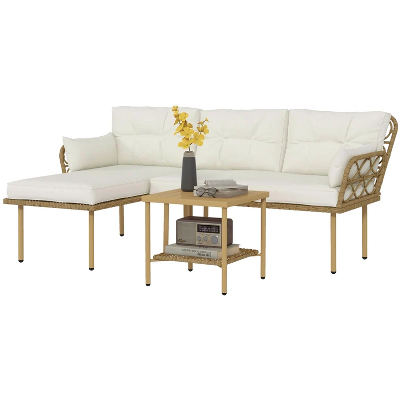 Outsunny Salon de Jardin d'angle 4 pers. 3 pièces avec 1 Table Basse Coussins Grand Confort Inclus résine tressée crème