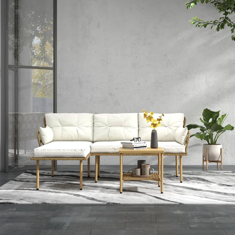 Outsunny Salon de Jardin d'angle 4 pers. 3 pièces avec 1 Table Basse Coussins Grand Confort Inclus résine tressée crème