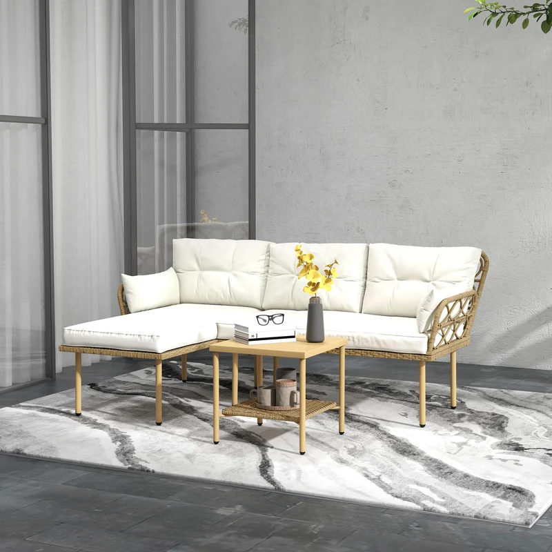 Outsunny Salon de Jardin d'angle 4 pers. 3 pièces avec 1 Table Basse Coussins Grand Confort Inclus résine tressée crème