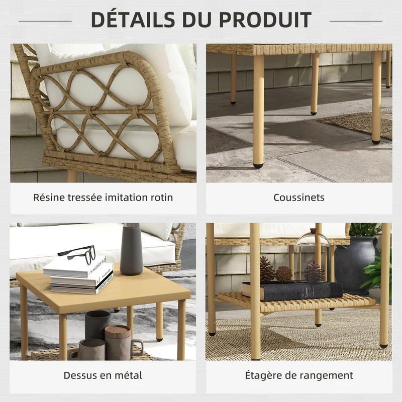 Outsunny Salon de Jardin d'angle 4 pers. 3 pièces avec 1 Table Basse Coussins Grand Confort Inclus résine tressée crème