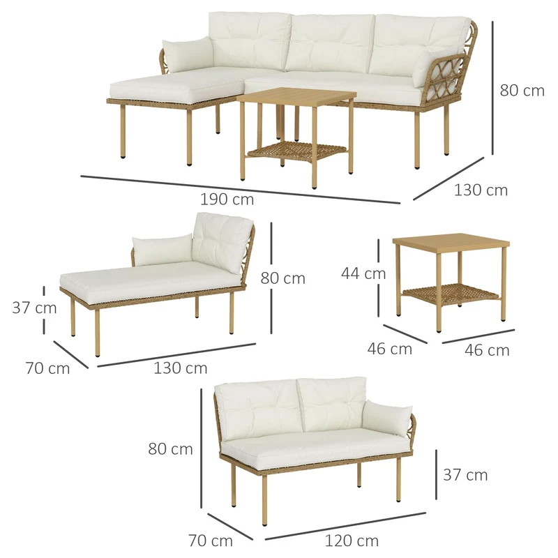 Outsunny Salon de Jardin d'angle 4 pers. 3 pièces avec 1 Table Basse Coussins Grand Confort Inclus résine tressée crème