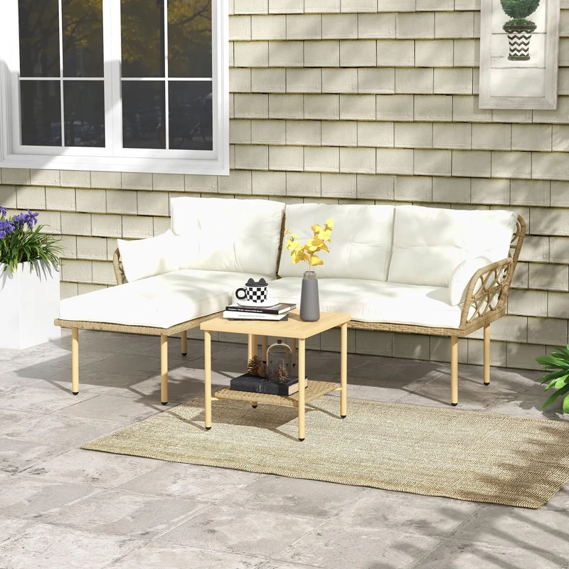 Outsunny Salon de Jardin d'angle 4 pers. 3 pièces avec 1 Table Basse Coussins Grand Confort Inclus résine tressée crème
