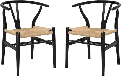 YAXANSIH Lot de 2 chaises de Salle à Manger, Cuisine, Style Wishbone en Poly et écorce (Couleur : Noir)
