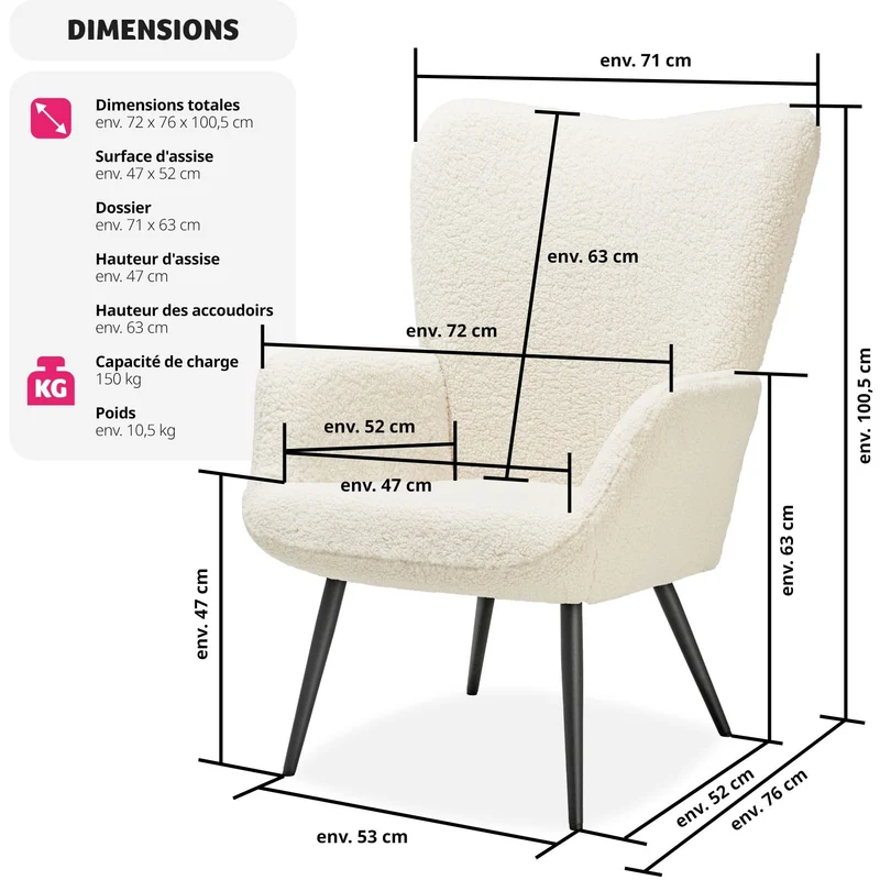 TecTake® Fauteuil Relax Confortable en Tissu Bouclette Fauteuil Scandinave Moelleux avec Accoudoirs & Dossier Ergonomique pour Salle à Manger, Salon, Chambre, Siege Bureau, Allaitement - Blanc