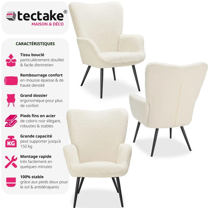 TecTake® Fauteuil Relax Confortable en Tissu Bouclette Fauteuil Scandinave Moelleux avec Accoudoirs & Dossier Ergonomique pour Salle à Manger, Salon, Chambre, Siege Bureau, Allaitement - Blanc