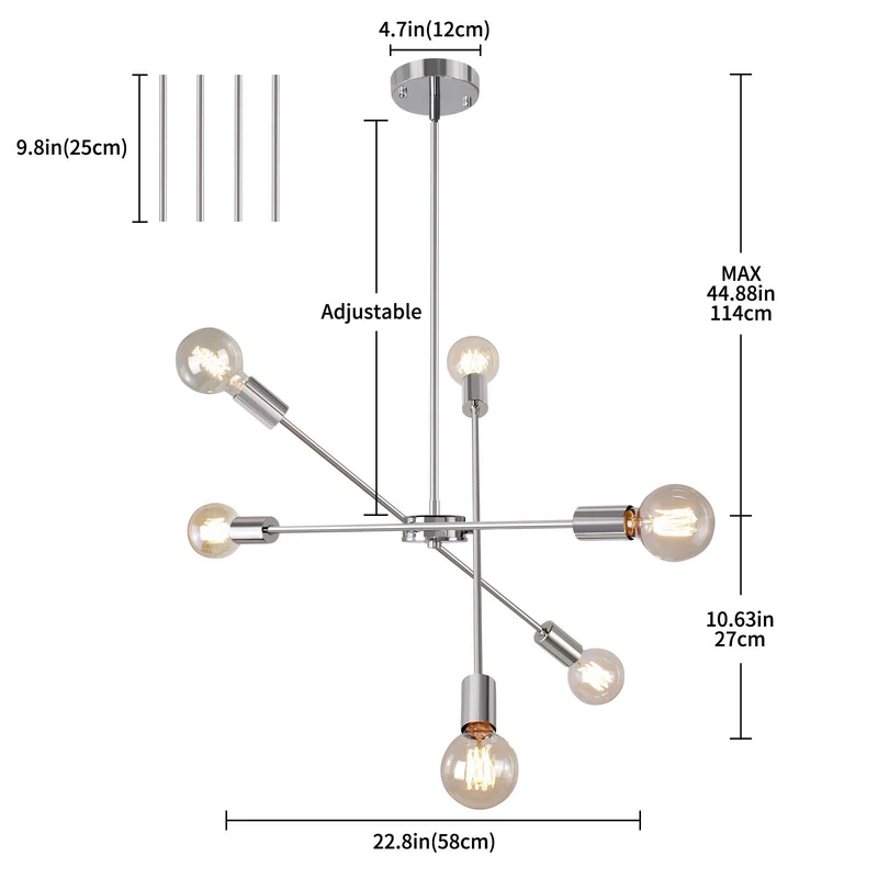 JHLBYL Moderne Spoutnik Plafonnier Vintage Chrome Métal 6 Lumières Lustre Nordique Argent Pendentif Luminaires pour Salon Chambre Salle à Manger