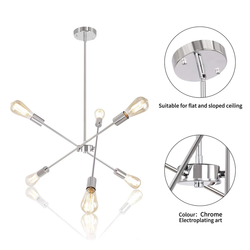 JHLBYL Moderne Spoutnik Plafonnier Vintage Chrome Métal 6 Lumières Lustre Nordique Argent Pendentif Luminaires pour Salon Chambre Salle à Manger