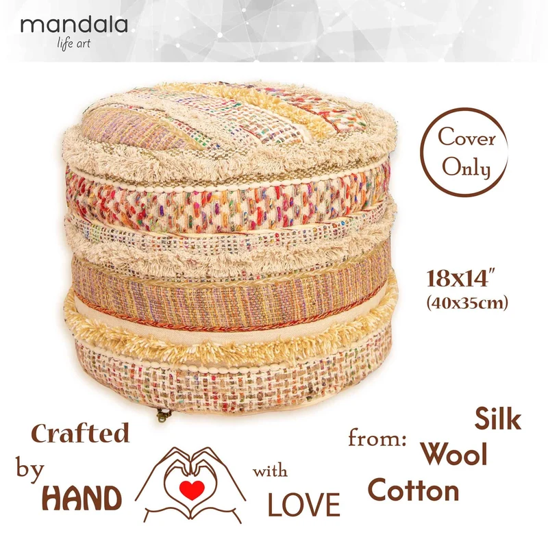 Mandala Life ART Bohemian Stool Ottoman Cover -35x45 cm - Tabouret de Luxe au décor Artisanal pour la méditation, Le Yoga et Le Tabouret Boho Chic