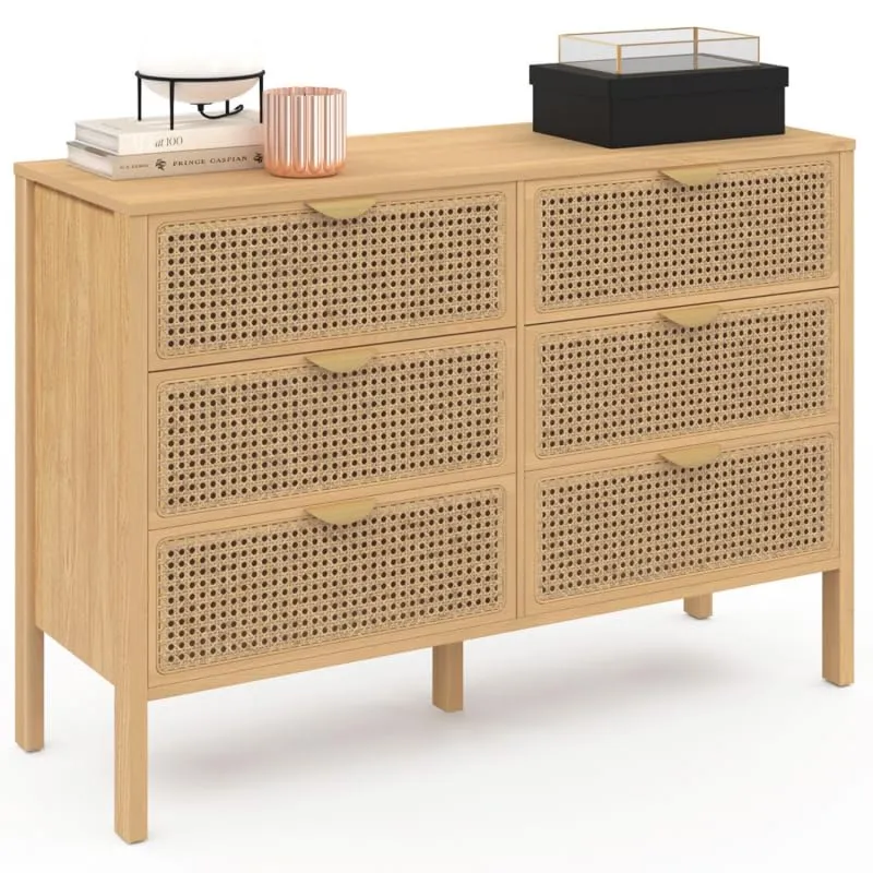 IDMarket - Commode 6 tiroirs EDHEN 115 cm cannage Coloris Bois