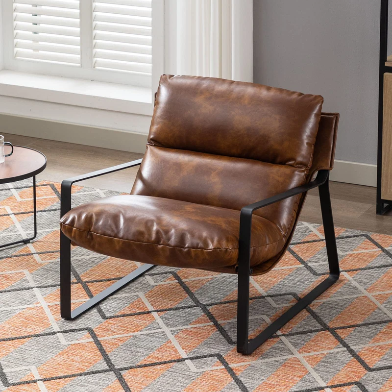 Wahson Fauteuil de Salon Confortable en Similicuir, Chaise Relaxant avec Siège Épais, Fauteuil Lounge de Structure Métal, Chaise Loisirs pour Salon et Chambre, Marron