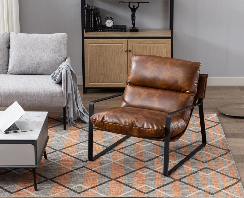 Wahson Fauteuil de Salon Confortable en Similicuir, Chaise Relaxant avec Siège Épais, Fauteuil Lounge de Structure Métal, Chaise Loisirs pour Salon et Chambre, Marron