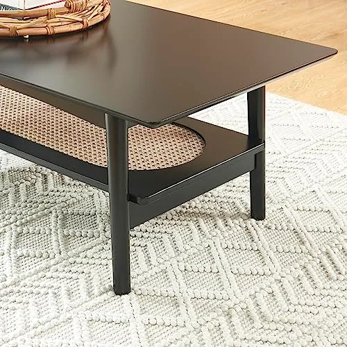 BAÏTA Table Basse Anatole Noir et cannage rotin
