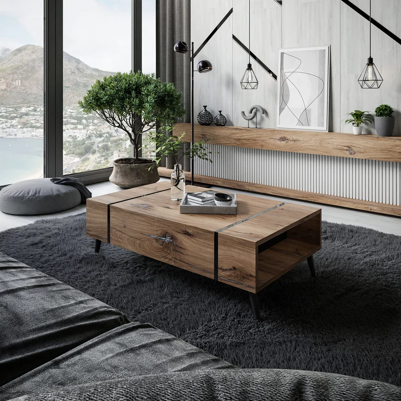 lukmebel Onyx Loft Table Basse Chêne Flagstaff Résistant Très Durable 104x60x41,5 Système Push-to-Open sur Pieds Métal