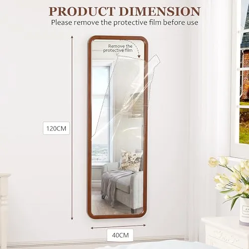 LVSOMT Miroir pleine longueur en bois, miroir intégral, miroir mural, miroir suspendu, long miroir pour chambre à coucher, salon, cadre en bois massif, coins arrondis, miroir rustique, 119,4 x 40,6