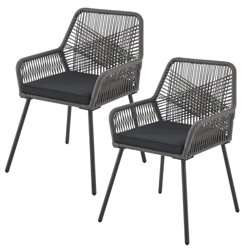 Juskys Ensemble de 2 chaises de Jardin Kastos en Corde - Chaise d'extérieur avec accoudoir et Coussin - Chaise de Jardin supportant 150 kg - Jardin, Balcon - chaises Grises