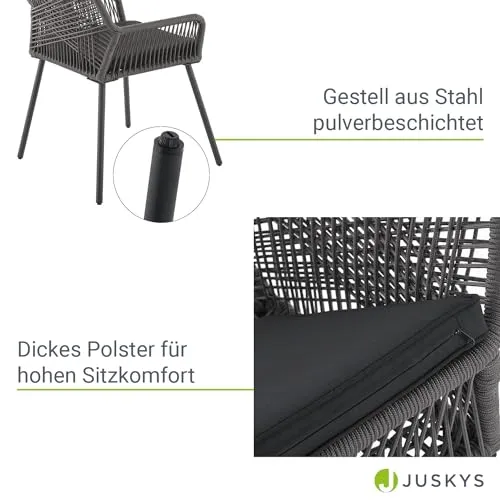 Juskys Ensemble de 2 chaises de Jardin Kastos en Corde - Chaise d'extérieur avec accoudoir et Coussin - Chaise de Jardin supportant 150 kg - Jardin, Balcon - chaises Grises