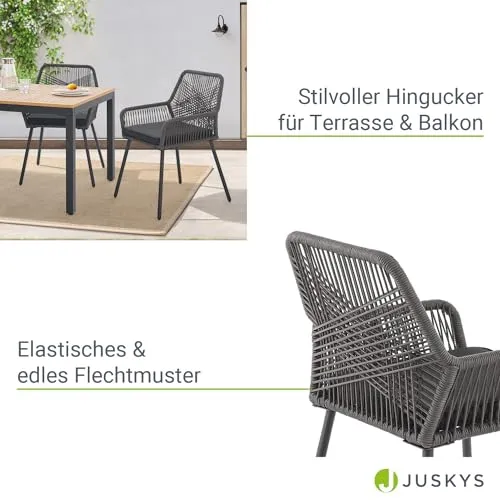 Juskys Ensemble de 2 chaises de Jardin Kastos en Corde - Chaise d'extérieur avec accoudoir et Coussin - Chaise de Jardin supportant 150 kg - Jardin, Balcon - chaises Grises