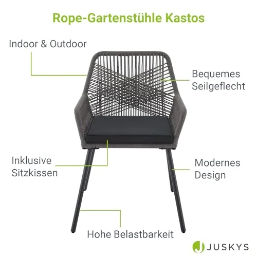 Juskys Ensemble de 2 chaises de Jardin Kastos en Corde - Chaise d'extérieur avec accoudoir et Coussin - Chaise de Jardin supportant 150 kg - Jardin, Balcon - chaises Grises
