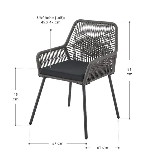 Juskys Ensemble de 2 chaises de Jardin Kastos en Corde - Chaise d'extérieur avec accoudoir et Coussin - Chaise de Jardin supportant 150 kg - Jardin, Balcon - chaises Grises
