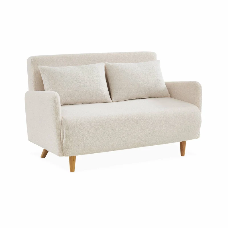 Alice's Home - Canapé Convertible 2 Places scandinave - Panam - Pieds Bois. bouclettes Blanches. Banquette. Dossier inclinable