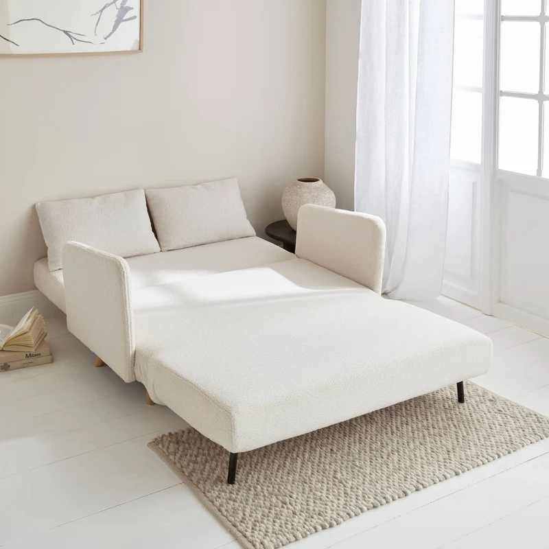 Alice's Home - Canapé Convertible 2 Places scandinave - Panam - Pieds Bois. bouclettes Blanches. Banquette. Dossier inclinable