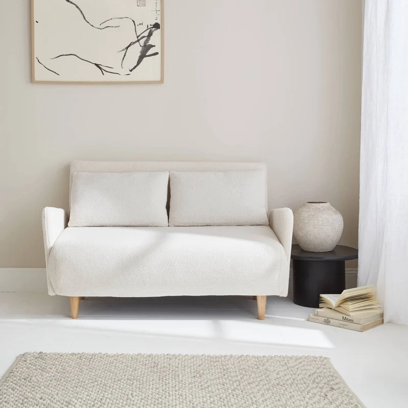 Alice's Home - Canapé Convertible 2 Places scandinave - Panam - Pieds Bois. bouclettes Blanches. Banquette. Dossier inclinable