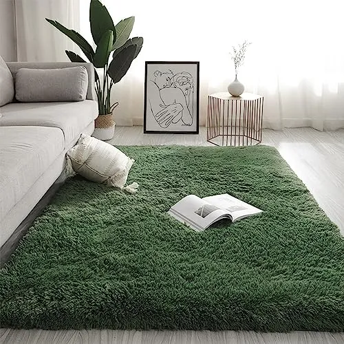 Swsen Tapis Salon Shaggy Longs Super Doux - Tapis Shaggy Moelleux Dessous Antidérapant - Tapis Chambre Moderne Lavable à Poils Longs 160 x 200 cm, Vert Foncé