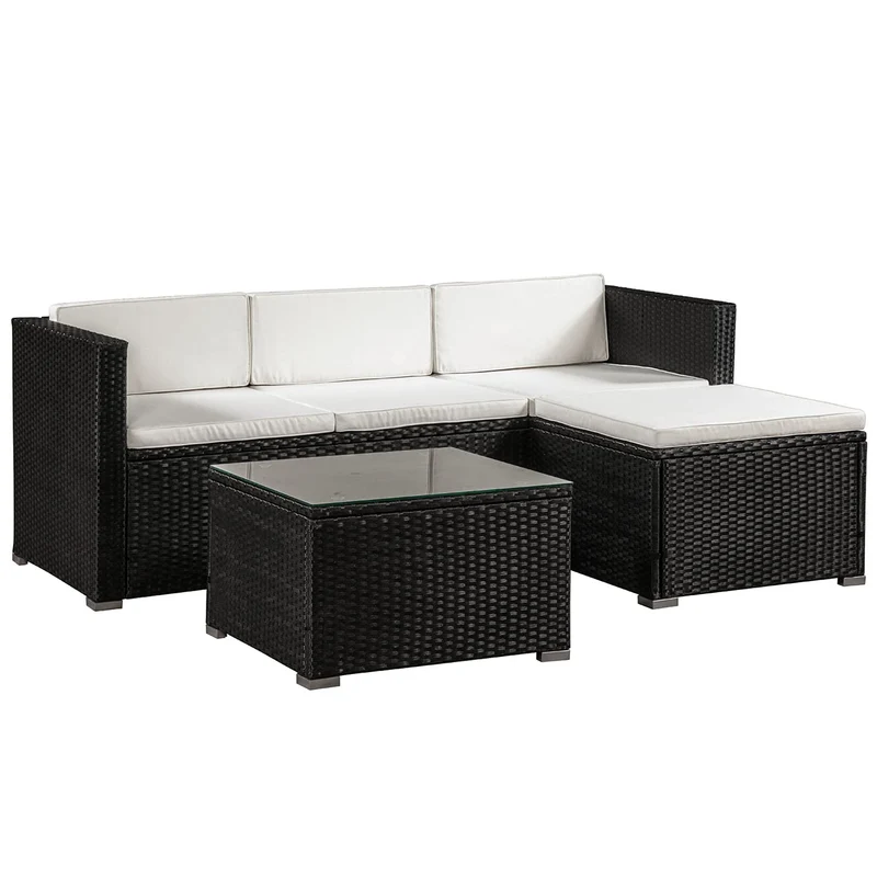 Juskys Salon de Jardin en polyrotin Lounge Punta Cana M, résistant aux intempéries - avec canapé 3 Places, Tabouret, Table & Coussins 3-4 Personnes Ensemble de Meubles de Jardin Noir/crème