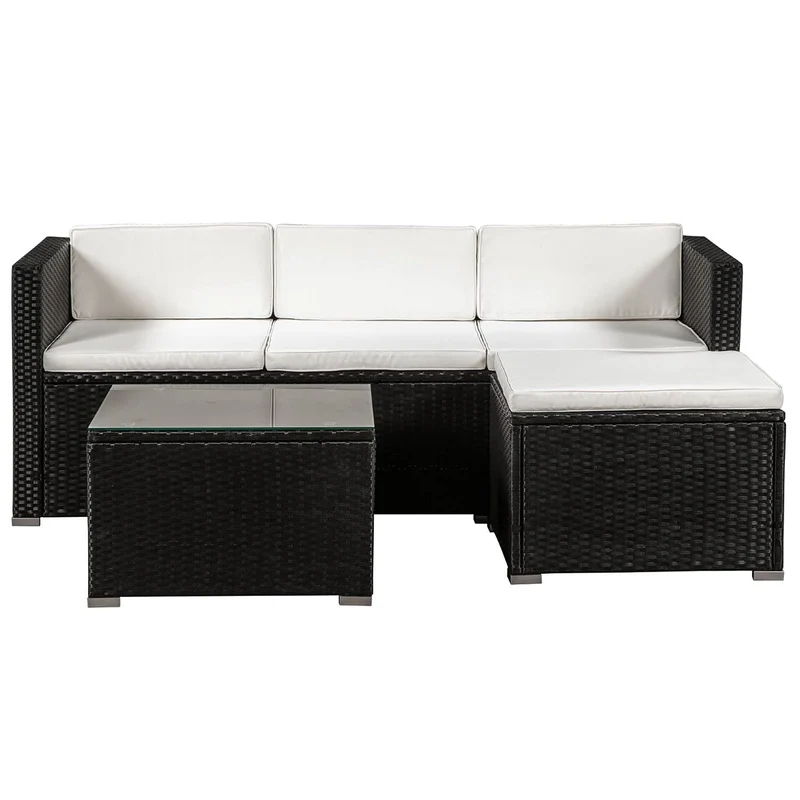 Juskys Salon de Jardin en polyrotin Lounge Punta Cana M, résistant aux intempéries - avec canapé 3 Places, Tabouret, Table & Coussins 3-4 Personnes Ensemble de Meubles de Jardin Noir/crème