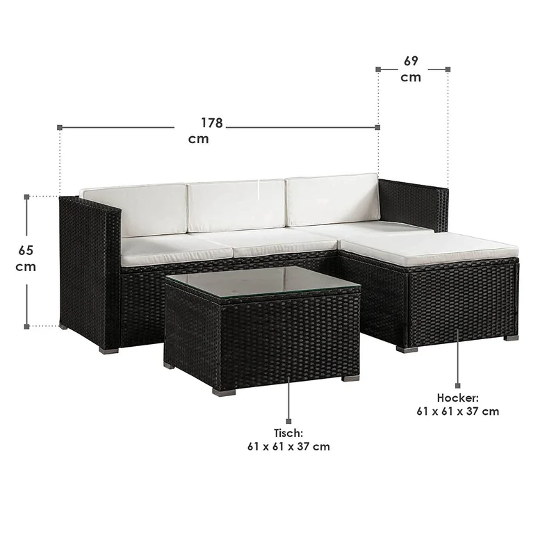 Juskys Salon de Jardin en polyrotin Lounge Punta Cana M, résistant aux intempéries - avec canapé 3 Places, Tabouret, Table & Coussins 3-4 Personnes Ensemble de Meubles de Jardin Noir/crème