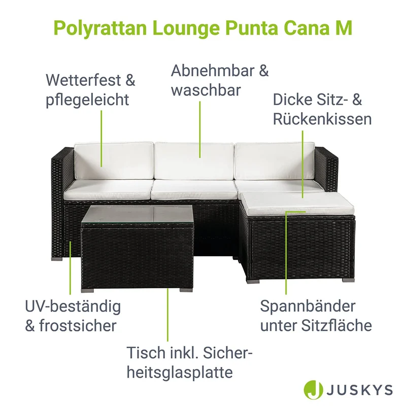 Juskys Salon de Jardin en polyrotin Lounge Punta Cana M, résistant aux intempéries - avec canapé 3 Places, Tabouret, Table & Coussins 3-4 Personnes Ensemble de Meubles de Jardin Noir/crème