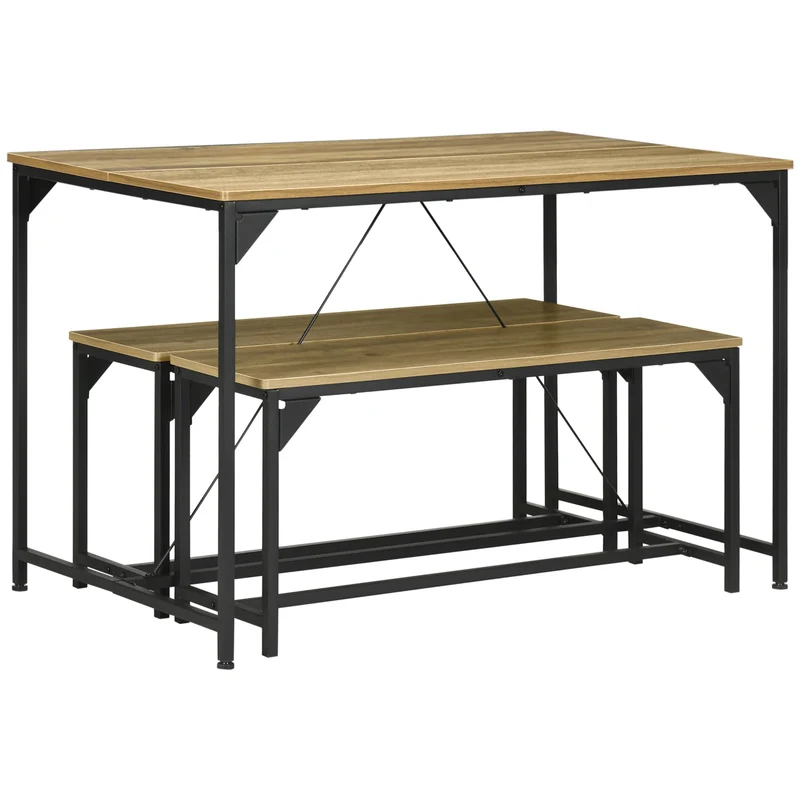 HOMCOM Ensemble Table à Manger et 2 bancs Structure Acier Table pour 4 Personnes 120 x 70 x 75 cm Banc 100 x 30 x 45 cm pour Cuisine Salle à Manger Salon Naturel et Noir
