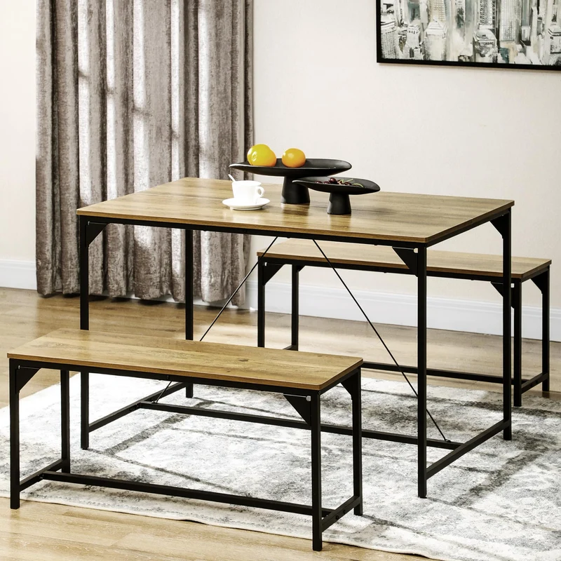 HOMCOM Ensemble Table à Manger et 2 bancs Structure Acier Table pour 4 Personnes 120 x 70 x 75 cm Banc 100 x 30 x 45 cm pour Cuisine Salle à Manger Salon Naturel et Noir