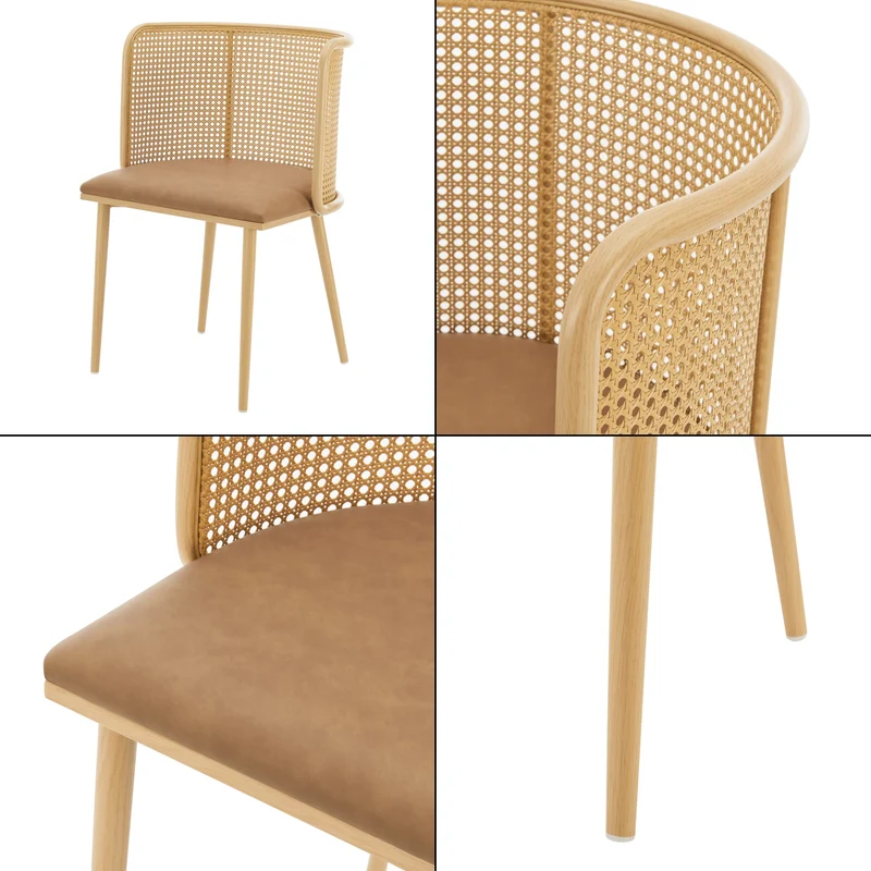 [en.casa] Lot de 2 Chaises de Salle à Manger Cuisine Design Siège Simili Dossier Rotin Pieds en Métal 75 x 52 x 49 cm Marron Effet Bois