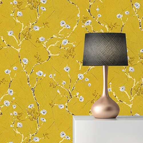 Lenni M1-No.3582 Papier peint intissé Motif fleurs Jaune/gris