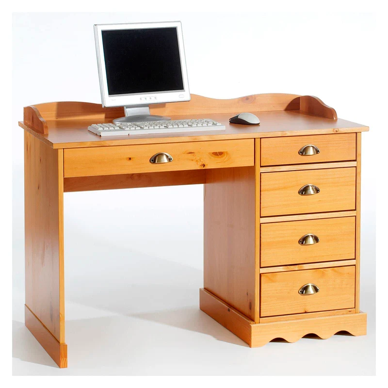IDIMEX Bureau Colette Rangement avec 5 tiroirs et Plateau avec corniche, en pin Massif lasuré Couleur Miel