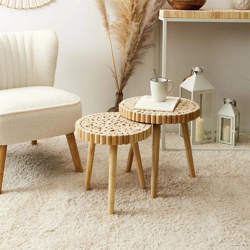 AltoBuy FREJ - Duo de Tables Gigognes Plateau Rondins de Bois