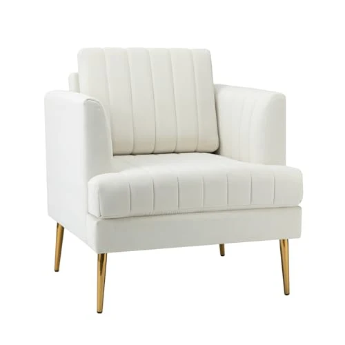 HULALA Home Fauteuil d'appoint en Velours Fauteuil Club Moderne en Velours avec Coussin Amovible et Pieds en Métal Doré Canapé capitonné en Velours pour la Réception des Clients Blanc