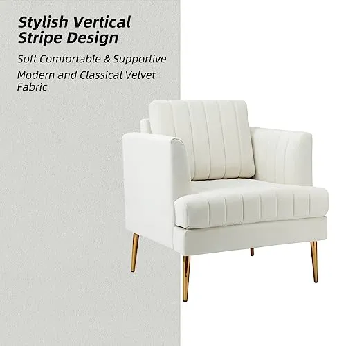 HULALA Home Fauteuil d'appoint en Velours Fauteuil Club Moderne en Velours avec Coussin Amovible et Pieds en Métal Doré Canapé capitonné en Velours pour la Réception des Clients Blanc
