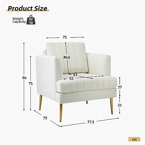 HULALA Home Fauteuil d'appoint en Velours Fauteuil Club Moderne en Velours avec Coussin Amovible et Pieds en Métal Doré Canapé capitonné en Velours pour la Réception des Clients Blanc