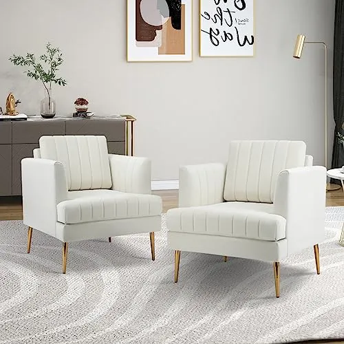 HULALA Home Fauteuil d'appoint en Velours Fauteuil Club Moderne en Velours avec Coussin Amovible et Pieds en Métal Doré Canapé capitonné en Velours pour la Réception des Clients Blanc