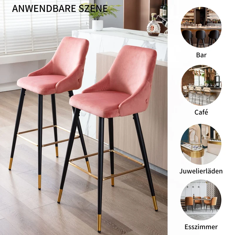 DUHOME Tabouret de Bar, Set de 2 Tabourets en Velours, Chaise de Bar Tabouret de Bar Design Moderne Tabouret de Bar avec Pieds en Métal pour Cuisine Bistro Café Comptoir, Rose