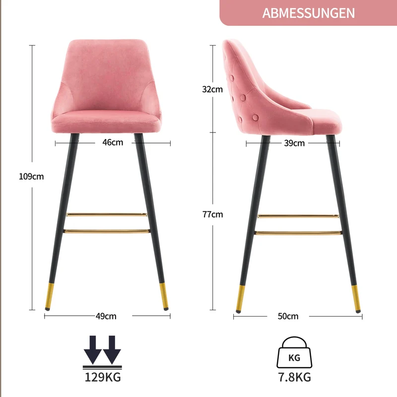 DUHOME Tabouret de Bar, Set de 2 Tabourets en Velours, Chaise de Bar Tabouret de Bar Design Moderne Tabouret de Bar avec Pieds en Métal pour Cuisine Bistro Café Comptoir, Rose