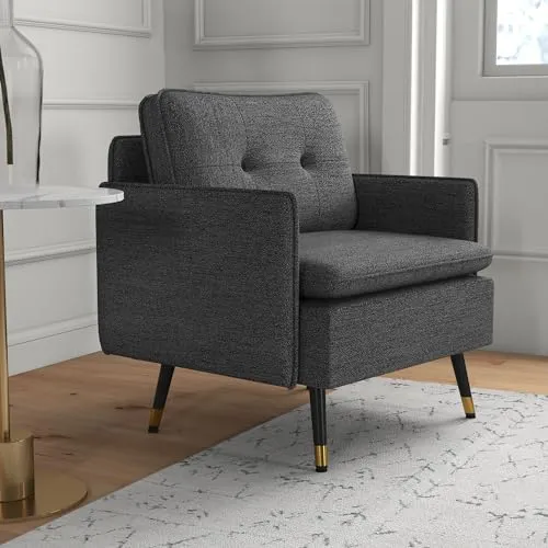 HOMCOM Fauteuil scandinave Dossier capitonné avec Passepoil en Tissu 76 x 68 x 80 cm | Gris et Pieds en métal Noir et doré